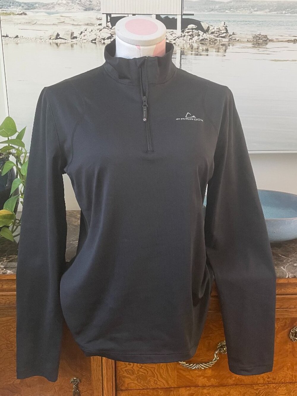 Paradox LS Hi Neck Neutral Poly Blend Activewear 1/4 Zip Athletic Top Black Sz S